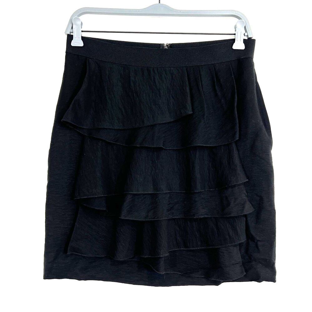 BCBGMaxazria Skirt Womens 4 Black Ruffle Front Y2K 90s Vintage Grunge Gothic‎